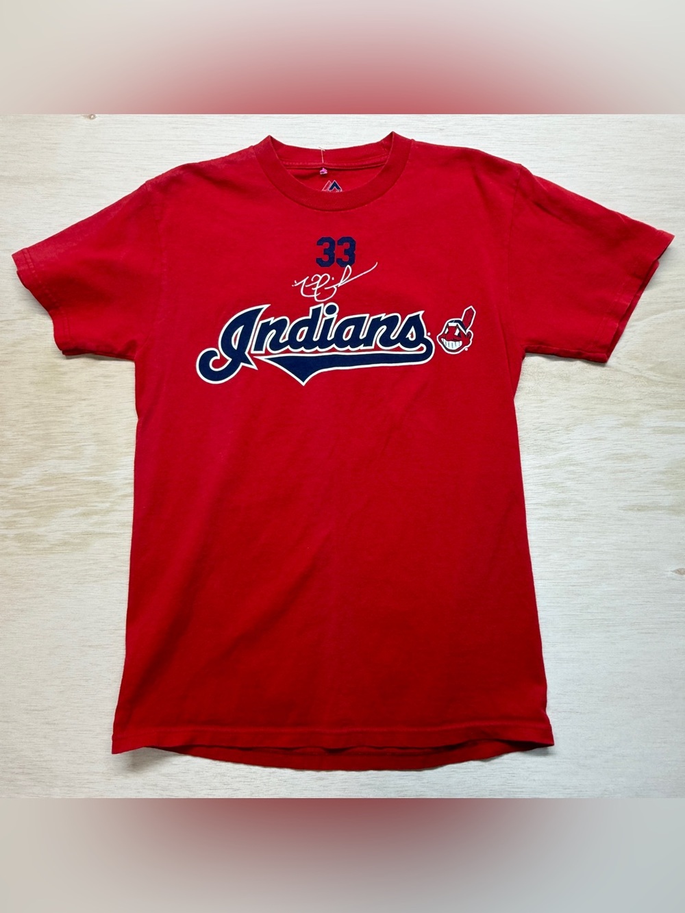 Majestic Nick Swisher Cleveland Indians Red T-Shirt Size Small Chief Wahoo MLB